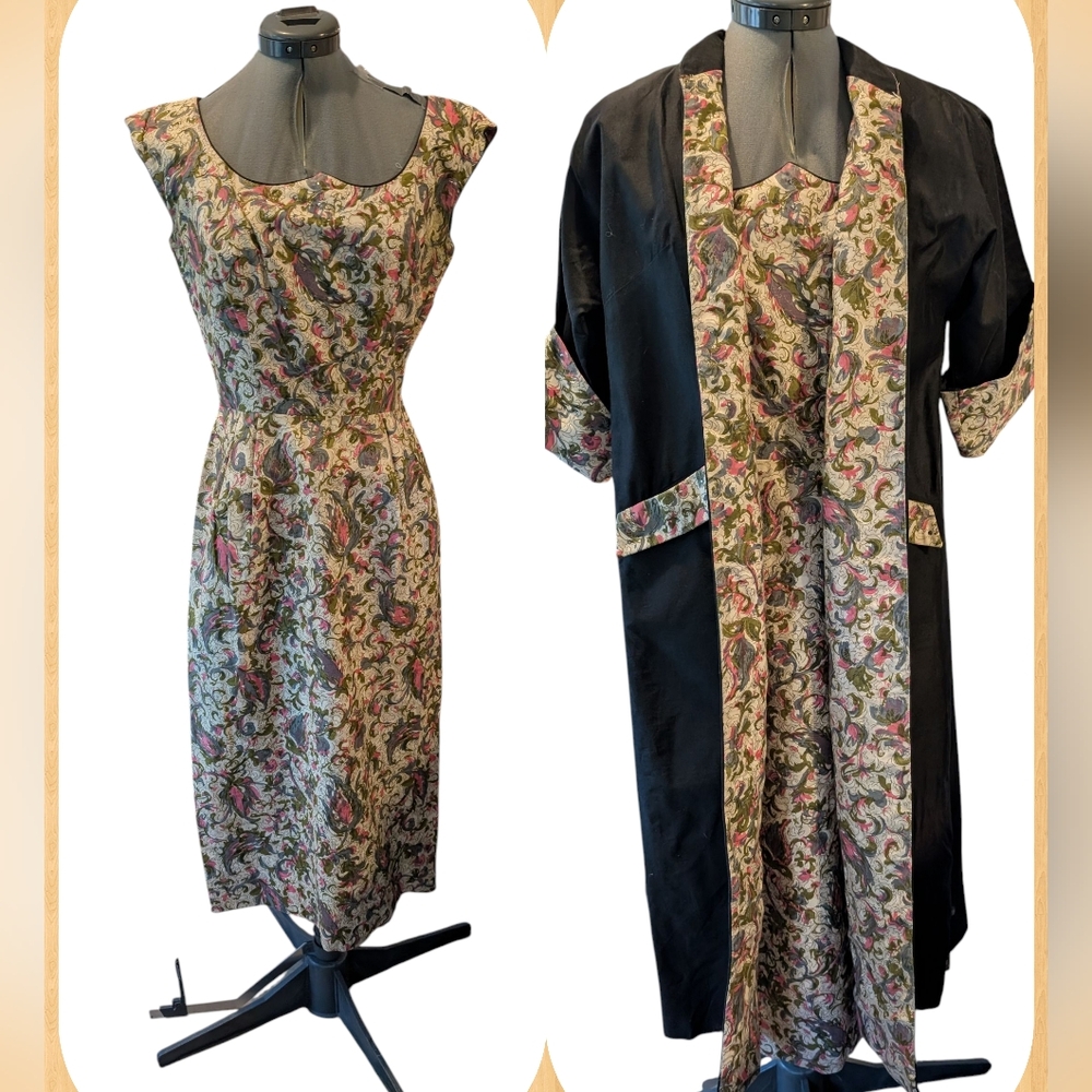 Vintage 50s Kramer Women's Floral Print Dress & Matching Long Jacket Rare